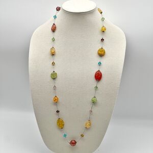 Crystal Crackle Multicolor Lucite Bead Oval Round Silver Long Fashion Necklace